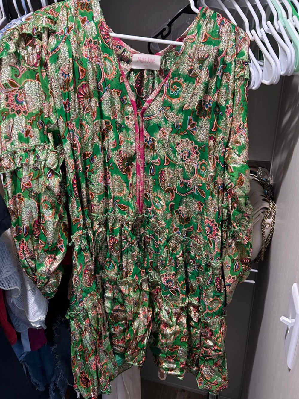 Miss June Green Metallic Paisley Tiered Dress